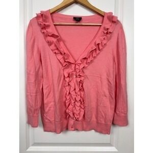 Talbots Petite Ruffle Knit Cardigan Coral Pink Large EUC